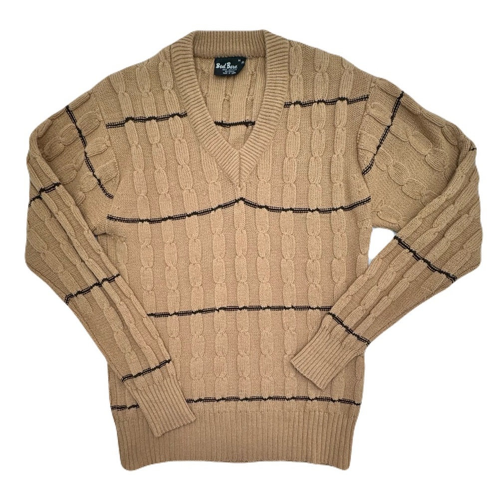 Vintage Bud Berma Brown Cable Knit Soft Acrylic Sweater with Black Stripes EUC!